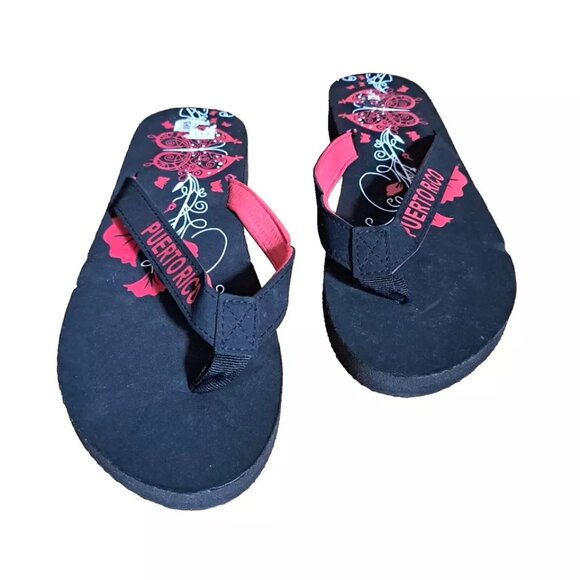 Puerto Rico Black Unisex Flip Flops Size 8 Sandal Black Art Print Casual Comfort - Picture 1 of 7